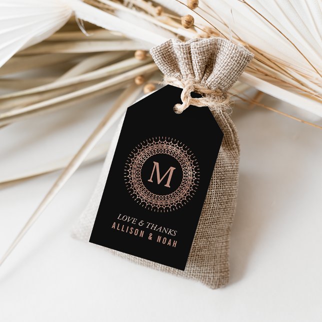 Étiquettes-cadeau Noir & Faux Rose Gold Déco Monogramme Mariage Fave (Créateur téléchargé)