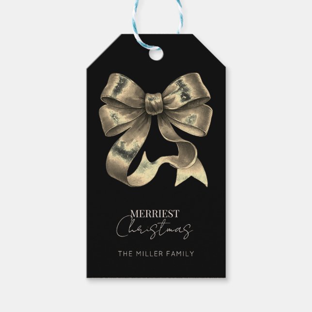 Étiquettes-cadeau Noir or brillant Bow Noël (Devant)