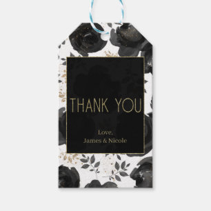 Étiquettes-cadeau Noir Or Floral Glam Feuilles Mariage