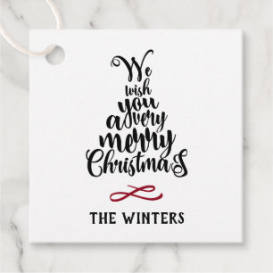 Étiquettes Cadeau Noir & Rouge Arbre de Noël Lettres vacances