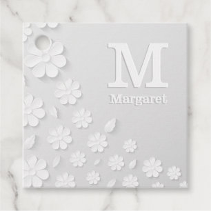 Étiquettes Cadeau Nom à relief floral blanc initiales personnalisées