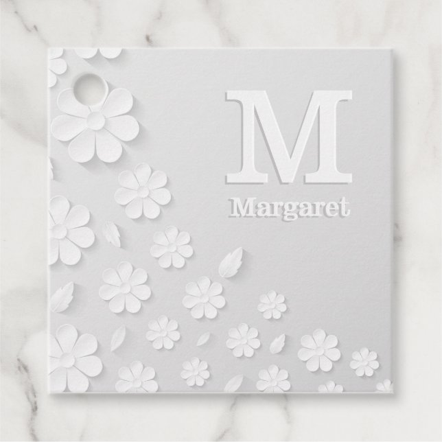Étiquettes Cadeau Nom à relief floral blanc initiales personnalisées (Devant)