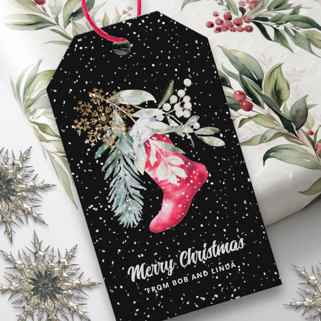 Étiquettes-cadeau Nom Chaussette de Noël Écriture Élégante Aquarelle (Créateur téléchargé)