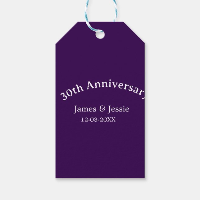 Étiquettes-cadeau nom de 30e anniversaire de mariage date violet sim (Devant)