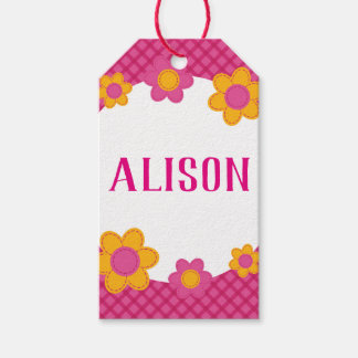 Étiquettes-cadeau Nom de fille à carreaux fuchsia floral