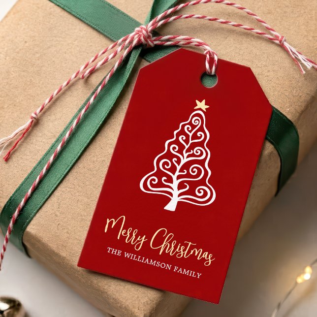 Étiquettes-cadeau Nom de l'arbre de Noël joyeux rouge Script Fantais (Créateur téléchargé)
