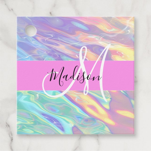 Étiquettes Cadeau Nom de monogramme holographique iridescent rose fé (Devant)