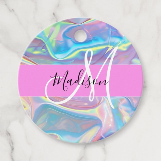Étiquettes Cadeau Nom de monogramme holographique iridescent rose fé (Devant)