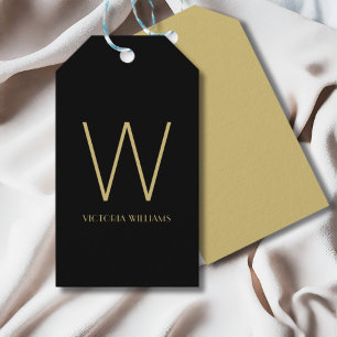 Étiquettes-cadeau Nom de monogramme minimaliste en or noir moderne