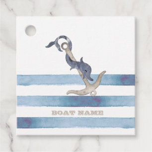Étiquettes Cadeau Nom du bateau, Ancre Dauphin Rayures Bleu Clair