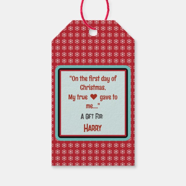 Étiquettes-cadeau Nom du devis du script des flocons blancs rouges (Devant)