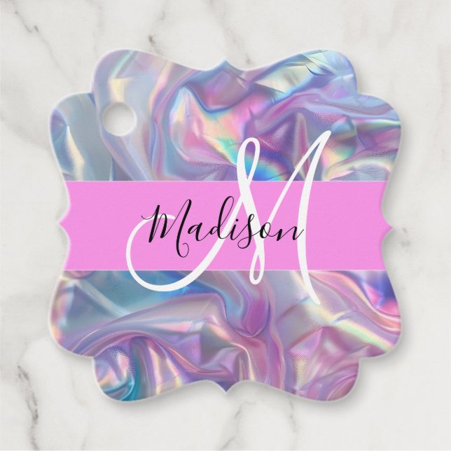 Étiquettes Cadeau Nom du monogramme d'iridescendance rose-fille (Devant)