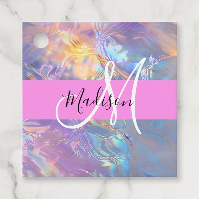 Étiquettes Cadeau Nom du monogramme d'iridescendance rose-fille (Devant)