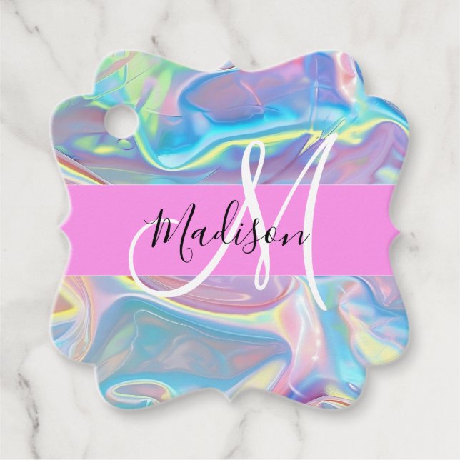Étiquettes Cadeau Nom du monogramme d'iridescendance rose-fille (Devant)