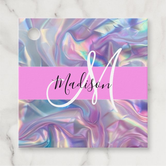 Étiquettes Cadeau Nom du monogramme d'iridescendance rose-fille (Devant)