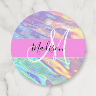 Étiquettes Cadeau Nom du monogramme d'iridescendance rose-fille