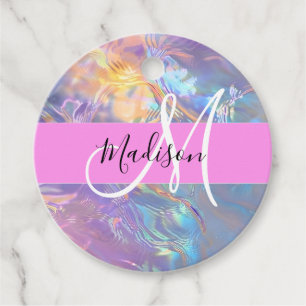 Étiquettes Cadeau Nom du monogramme d'iridescendance rose-fille