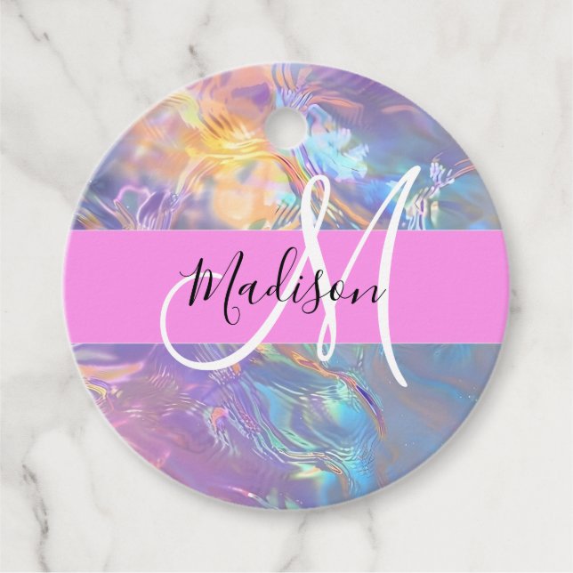 Étiquettes Cadeau Nom du monogramme d'iridescendance rose-fille (Devant)