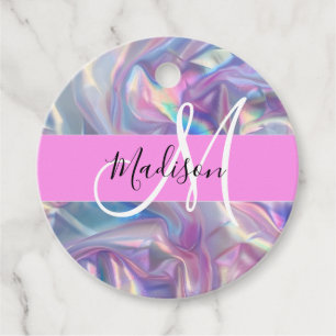 Étiquettes Cadeau Nom du monogramme d'iridescendance rose-fille