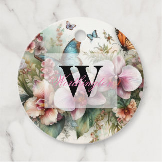 Étiquettes Cadeau Nom du monogramme Fleurs tropicales Aquarelle feui