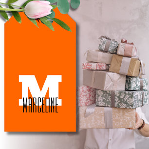 Étiquettes-cadeau Nom moderne élégant Initial   Neon Sunset Orange