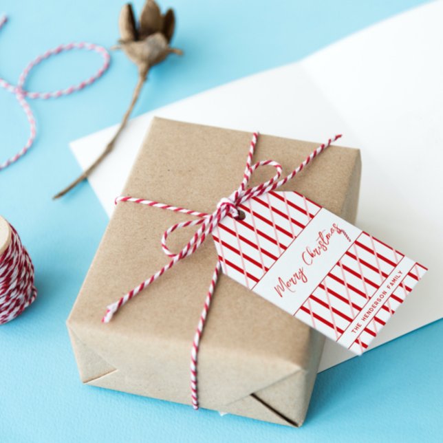 Étiquettes-cadeau Nom personnalisé | Bandes rouges et roses | Joyeux (Créateur téléchargé)