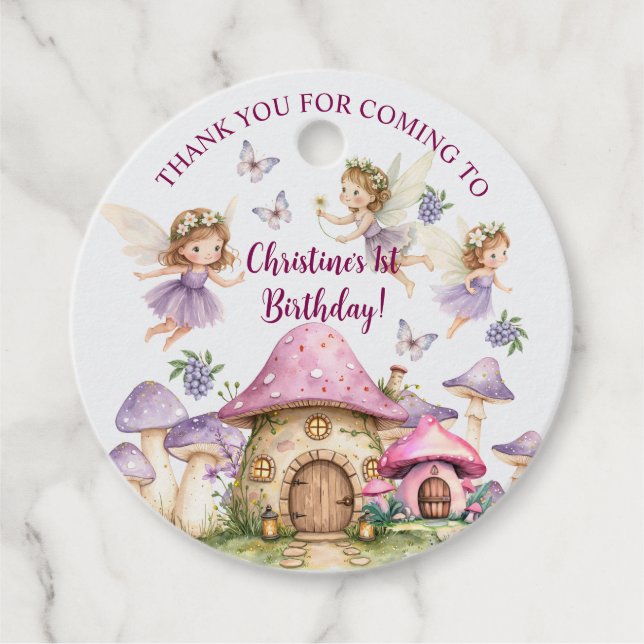 Étiquettes Cadeau Nom personnalisé Fées magiques Champignons roses A (Devant)