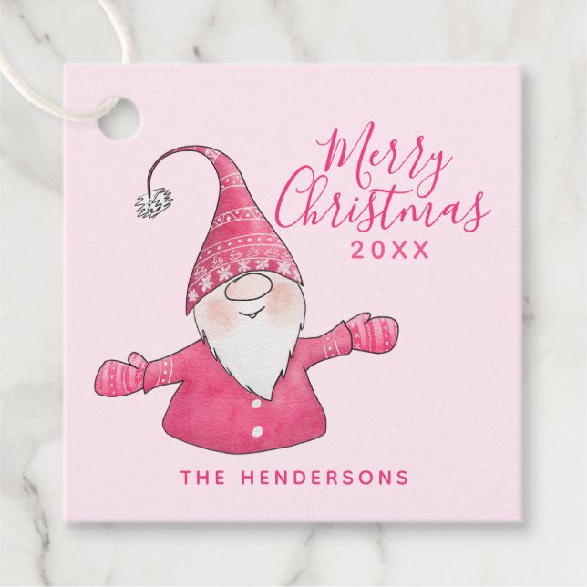 Étiquettes Cadeau Nom personnalisé joli Gnome rose Joyeux Noël (Devant)