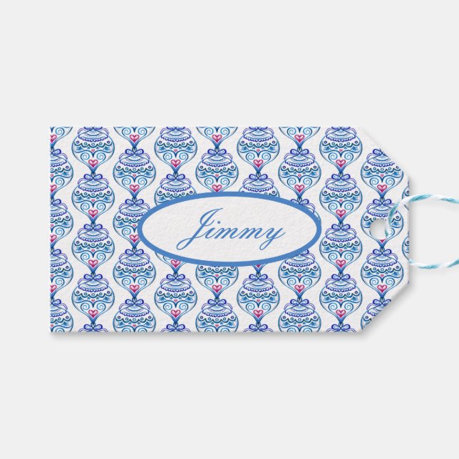 Étiquettes-cadeau Nom personnalisé ornements de Noël en bleu (Devant (Horizontal))