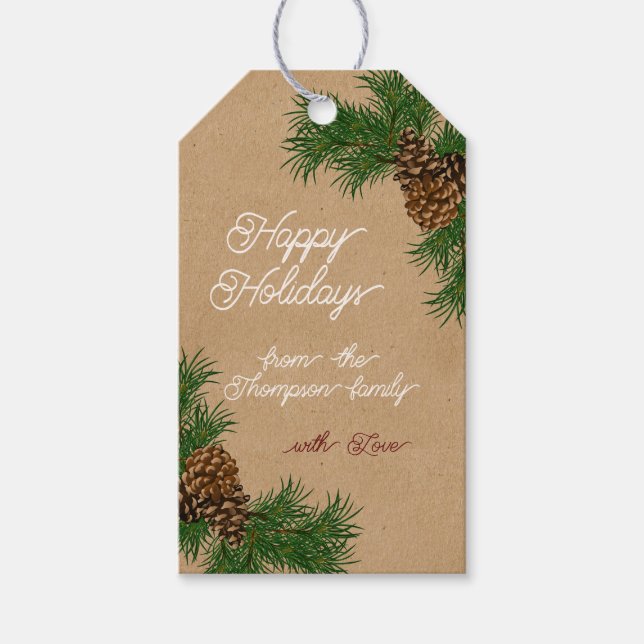 Étiquettes-cadeau Nom personnalisé Pinecones Pine Branches Kraft Hol (Devant)