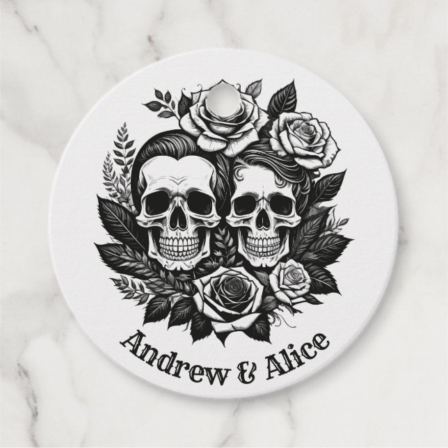 Étiquettes Cadeau Nom personnalisé T-shirt de couple de crânes (Devant)