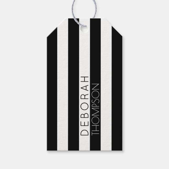 Étiquettes-cadeau nom sur rayures noir et blanc (Devant)