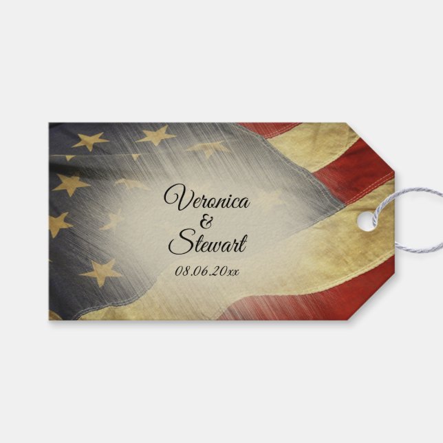 Étiquettes-cadeau Noms et date du drapeau américain en détresse (Devant (Horizontal))