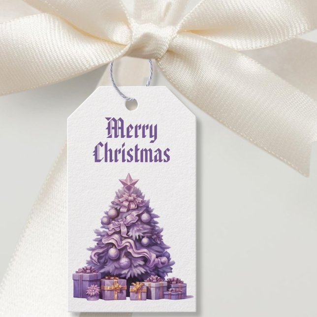 Étiquettes-cadeau Nostalgique des arbres pourpres Joyeux Noël (Purple tree Nostalgic Merry Christmas White Gift Tags)