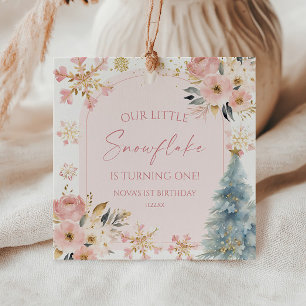 Étiquettes Cadeau Notre petite fête d'anniversaire d'hiver rose floc