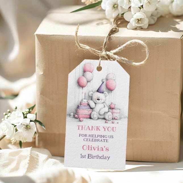 Étiquettes-cadeau Nounours d'anniversaire 1 an Ourson Rose Mignon (Créateur téléchargé)
