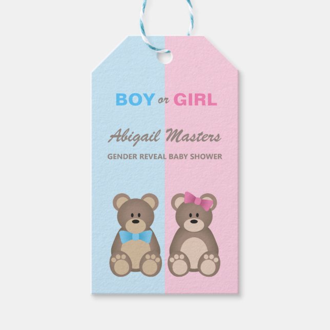 Étiquettes-cadeau Nounours de Baby shower de révélation de genre (Devant)
