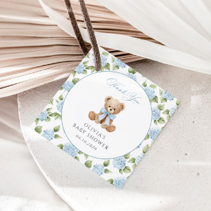 Étiquettes Cadeau Nounours en peluche, Nœud bleu, Fleurs bleues, Bab