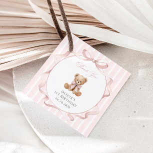 Étiquettes Cadeau Nounours en peluche, Nœud papillon rose, Rayures r