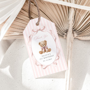 Étiquettes-cadeau Nounours en peluche, Nœud rose, Rayures roses, Pre