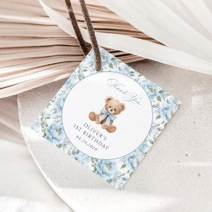 Étiquettes Cadeau Nounours, Nœud Bleu, Fleurs Bleues, Premier Annive