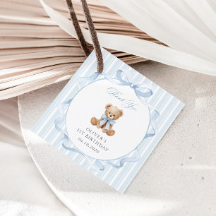 Étiquettes Cadeau Nounours, Nœud Bleu, Rayures Bleues, Premier Anniv
