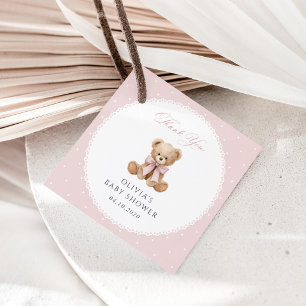 Étiquettes Cadeau Nounours rose à noeud papillon rose et à pois, Bab