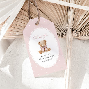 Étiquettes-cadeau Nounours rose à noeud papillon rose et à pois, Bab