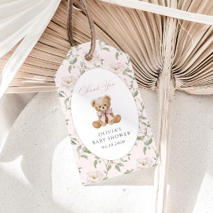 Étiquettes-cadeau Nounours rose, ruban rose, fleurs roses, Baby Show