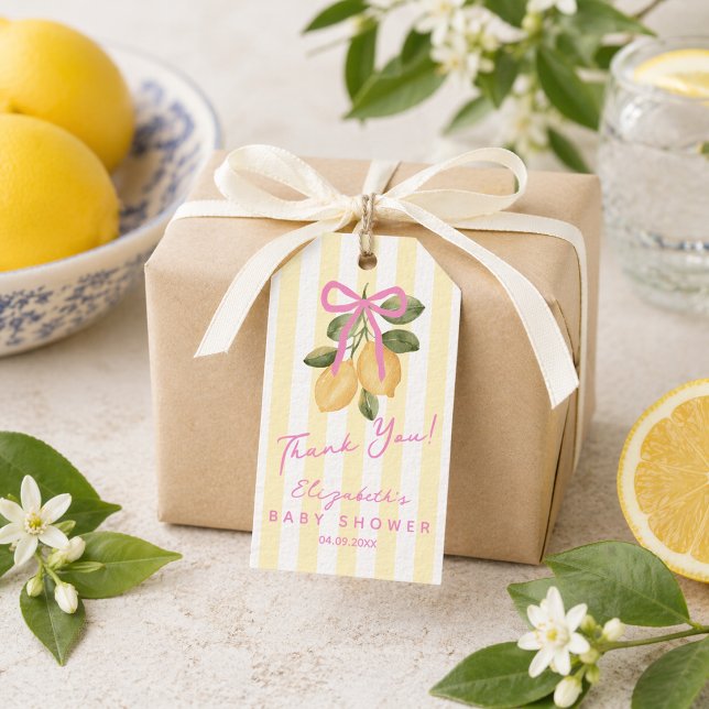 Étiquettes-cadeau Nous avons hâte de vous serrer dans nos bras Bébé  (We Can't Wait to Squeeze You Lemon Baby Shower Gift Tags)