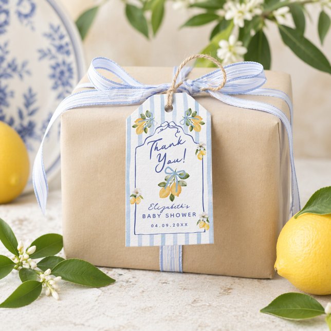 Étiquettes-cadeau Nous avons hâte de vous serrer dans nos bras Bébé  (We Can't Wait to Squeeze You Lemon Baby Shower Gift Tags)