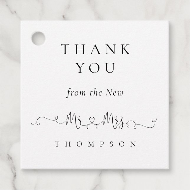 Étiquettes Cadeau Nouveau M. Mme Rings Coeur Script Mariage Merci (Devant)