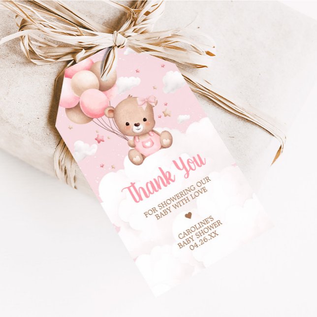 Étiquettes-cadeau Nuages d'ours rose Teddy Baby shower Favoriser les (Pink Girl Teddy Bear Clouds Balloon Baby Shower Favor Tags)