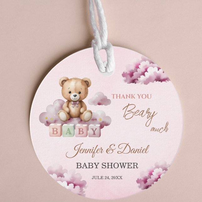 Étiquettes Cadeau Nuages étoilés rose Teddy Baby Girl Merci (Créateur téléchargé)